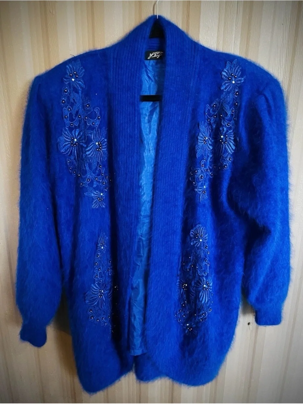 VTG 80% Angora Royal Blue Cardigan Sweater Jacket Beaded 80s Korea Puff Slv XL